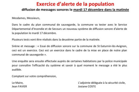 Système d'alerte de la population - tests réalisés le mardi 17 décembre dans la matinée Message de sécurité